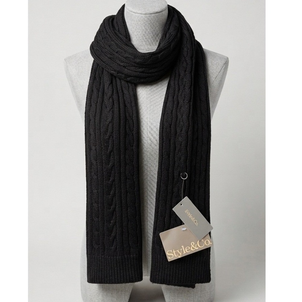 Style & Co Black Ribbed Cable Knit Convertible Wrap Scarf One Size NWT